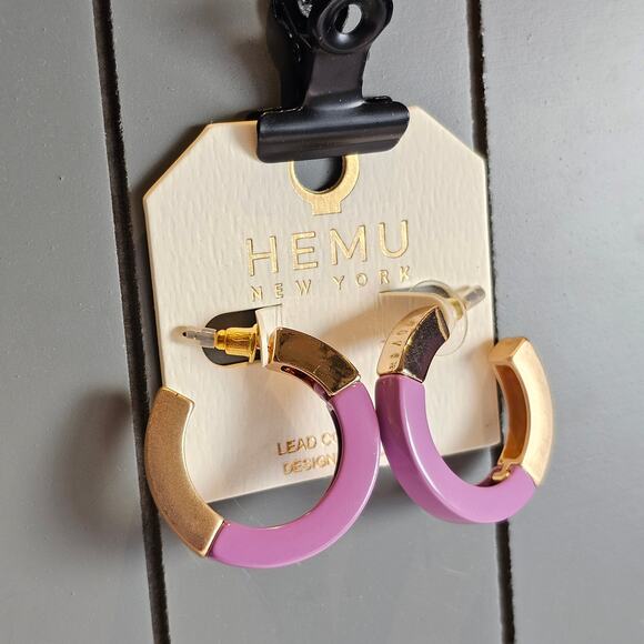 Hoop Earrings Purple, Gold Tone Chunky Acrylic 1.19" HEMU New York w/ Gift Bag - Picture 3 of 8